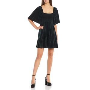 Chelsea & Violet Dress Womens XL Green Velvet Puff Sleeve Smocked Babydoll New